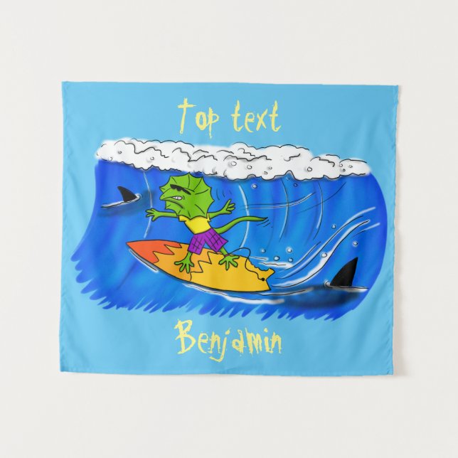 Funny frilled neck lizard surfing cartoon tapestry (Front (Horizontal))