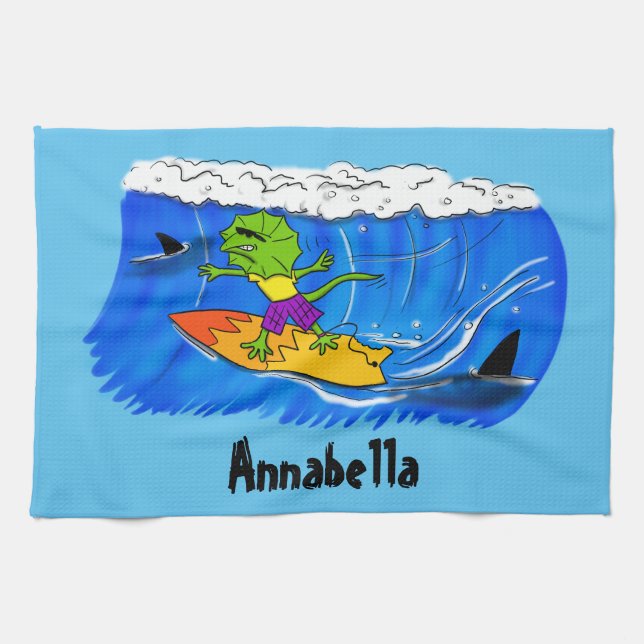 Funny frilled neck lizard surfing cartoon tea towel (Horizontal)