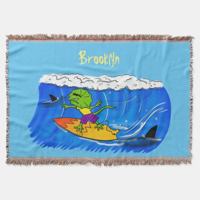 Funny frilled neck lizard surfing cartoon throw blanket (Front)