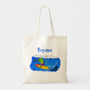 Funny frilled neck lizard surfing cartoon tote bag