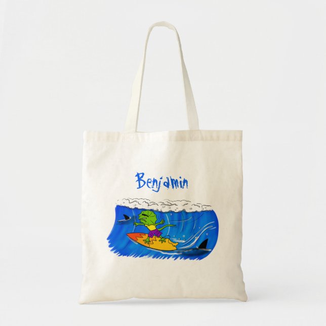 Funny frilled neck lizard surfing cartoon tote bag (Front)