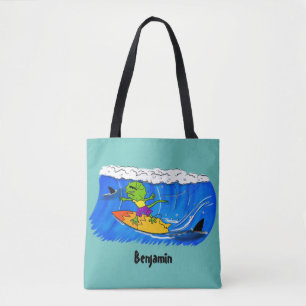 Funny frilled neck lizard surfing cartoon tote bag