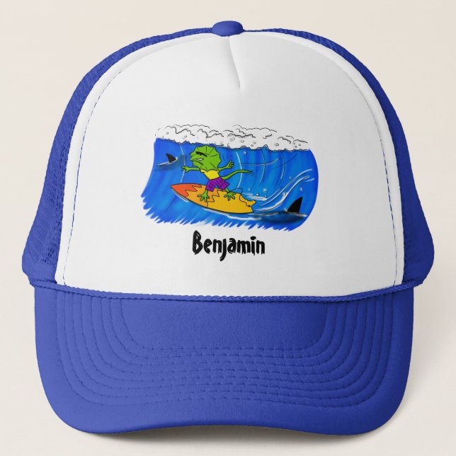 Funny frilled neck lizard surfing cartoon trucker hat (Front)