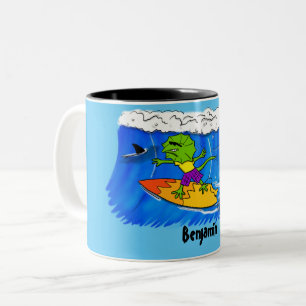 Funny frilled neck lizard surfing cartoon Two-Tone coffee mug