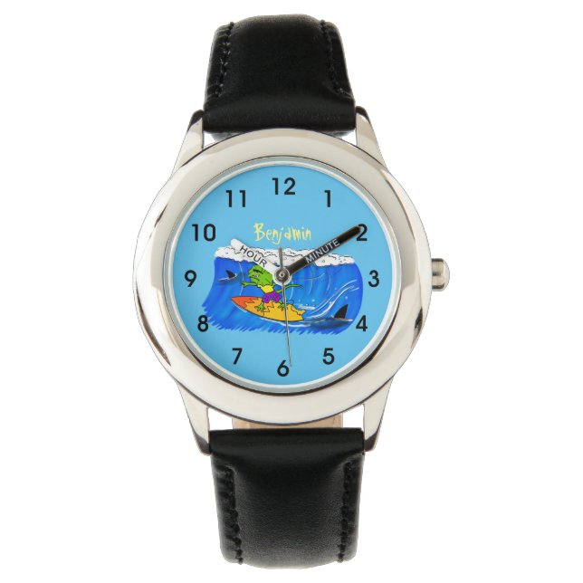 Funny frilled neck lizard surfing cartoon watch (Front)