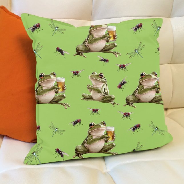 Funny Frog and Dragonfly Light Green Pattern Cushion (Funny frogs, beer, flies and dragonflies in light green.)