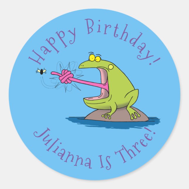 Funny frog and fly cartoon classic round sticker (Front)