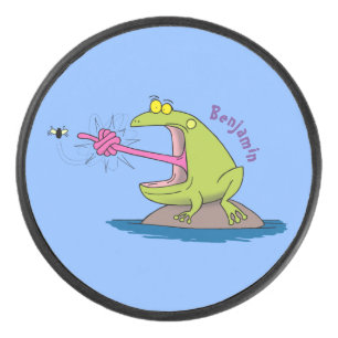 Funny frog and fly cartoon hockey puck