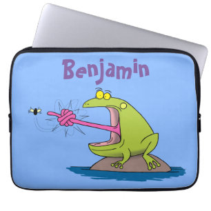 Funny frog and fly cartoon laptop sleeve