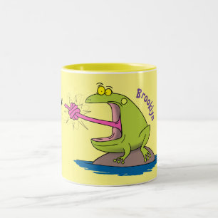 Funny frog and fly cartoon Two-Tone coffee mug