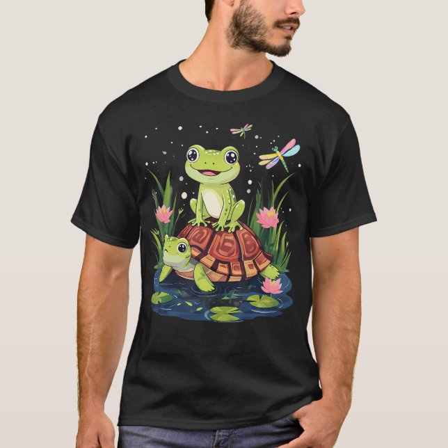 Funny Frog And Turtle Dragonfly T-Shirt (Front)