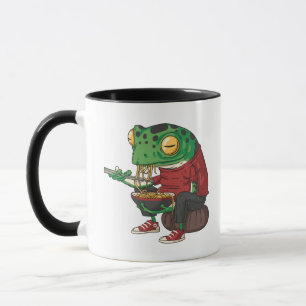 Funny frog art illustration of frog eating ramen mug