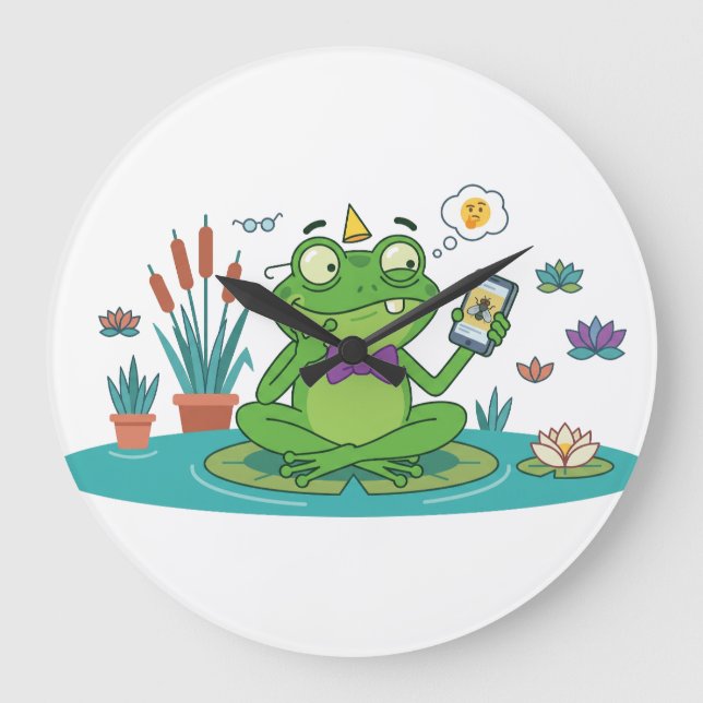 Funny Frog Browsing Smartphone Large Clock (Front)