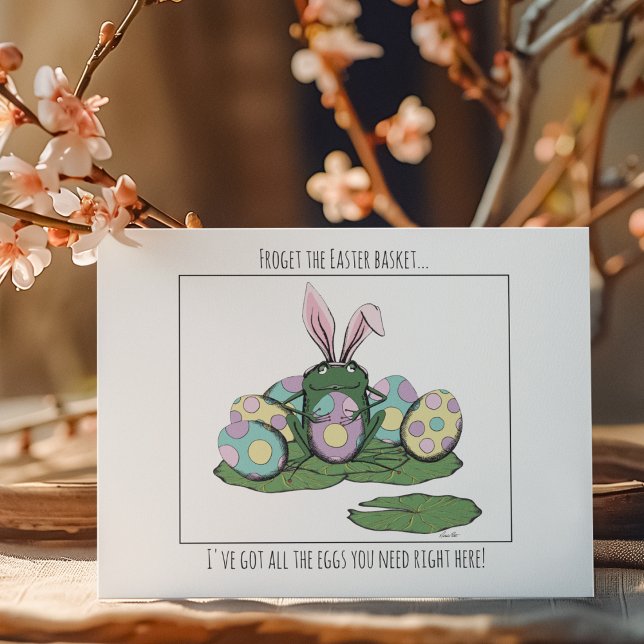 Funny Frog Bunny, Eggs & Easter Basket Easter Card (Funny Froget the Easter Basket Card. Hand Drawn Humorous Easter Card. Green Frog with Colorful Eggs )