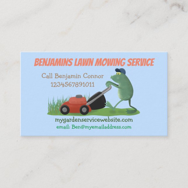 Funny frog cartoon lawn mowing gardening services business card (Front)