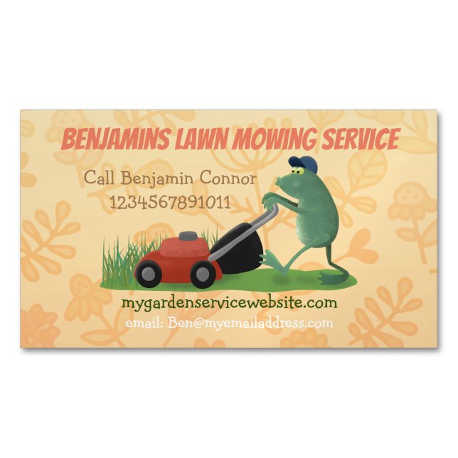 Funny frog cartoon lawn mowing gardening services 	Magnetic business card (Front)