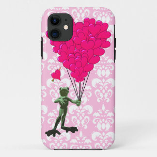 Funny frog cartoon & pink heart on damask iPhone 11 case
