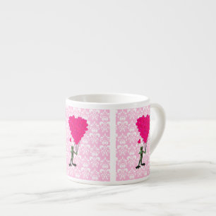 Funny frog cartoon & pink heart on damask espresso cup