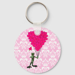 Funny frog cartoon & pink heart on damask key ring
