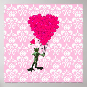 Funny frog cartoon & pink heart on damask poster