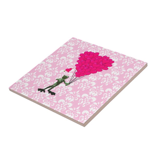 Funny frog cartoon & pink heart on damask tile (Side)
