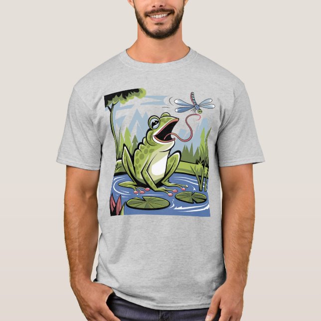 Funny Frog Catching Dragonfly Art T-Shirt (Front)