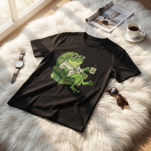 Funny Frog Drinking Coffee Cute Cartoon Design T-Shirt