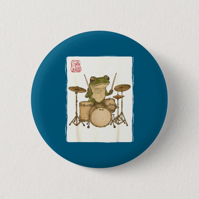 Funny Frog Drum Rock Music Kawaii Japanese  6 Cm Round Badge (Front)