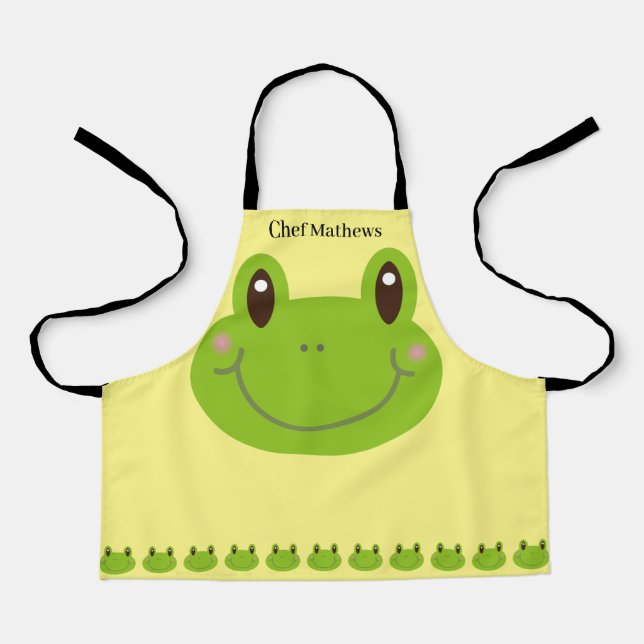 Funny Frog Green Animal with Kid Name Apron (Front)