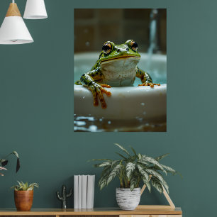 Funny frog in bath nursery art poster