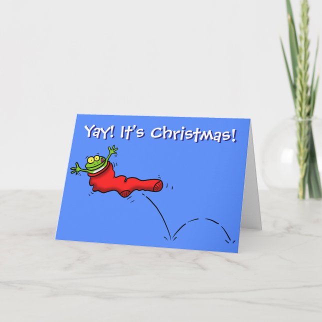 Funny frog in red stocking Christmas greeting card (Front)