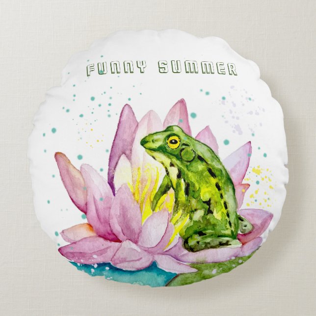 Funny frog on a lotus round cushion (Front)