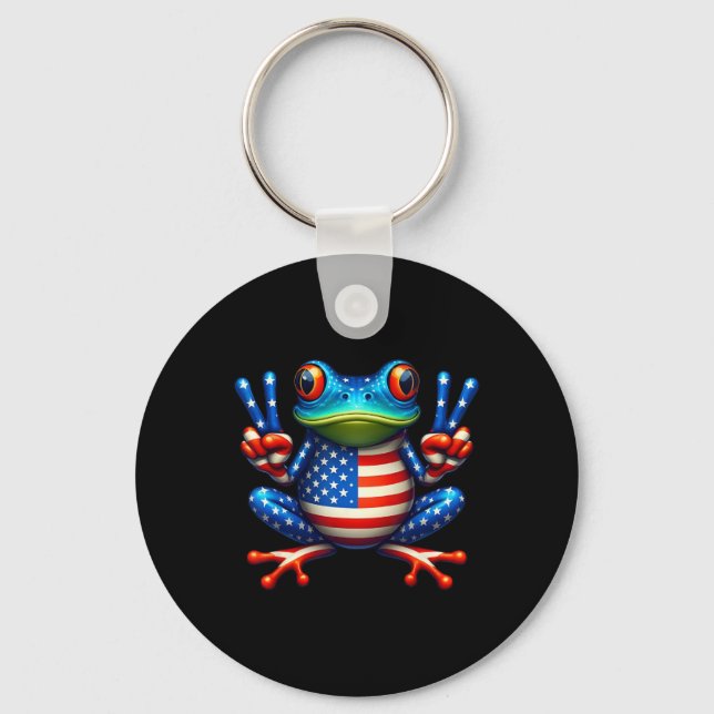 Funny Frog Peace Sign 4th Of July Frog American Fl Key Ring (Front)