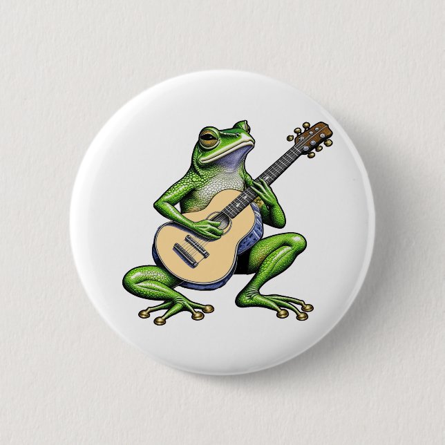 Funny Frog Playing Guitar 6 Cm Round Badge (Front)