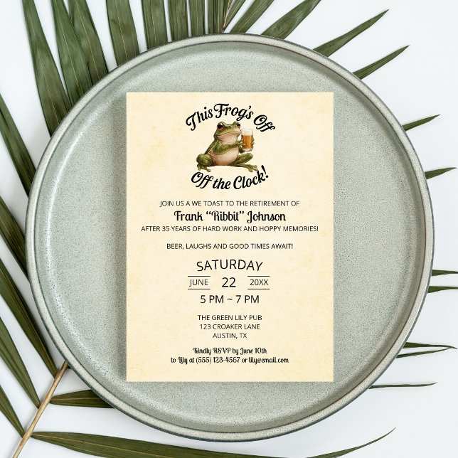 Funny Frog Retirement Beer Party Invitation (This Frog's Off the Clock Funny Retirement Announcement Invitation)