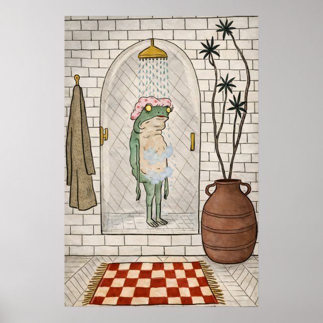 Funny Frog Shower Poster, Retro Whimsical Bathroom Poster (Front)