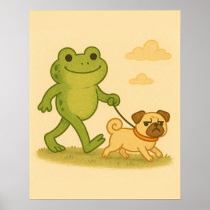 Funny Frog Walking His Dog Poster