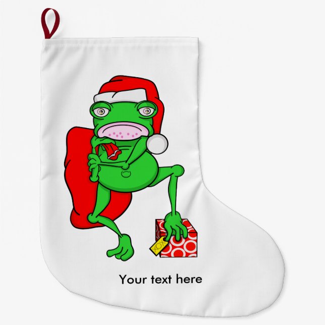 Funny Frog Wearing A  Red Santa Claus Hat Large Christmas Stocking (Front)