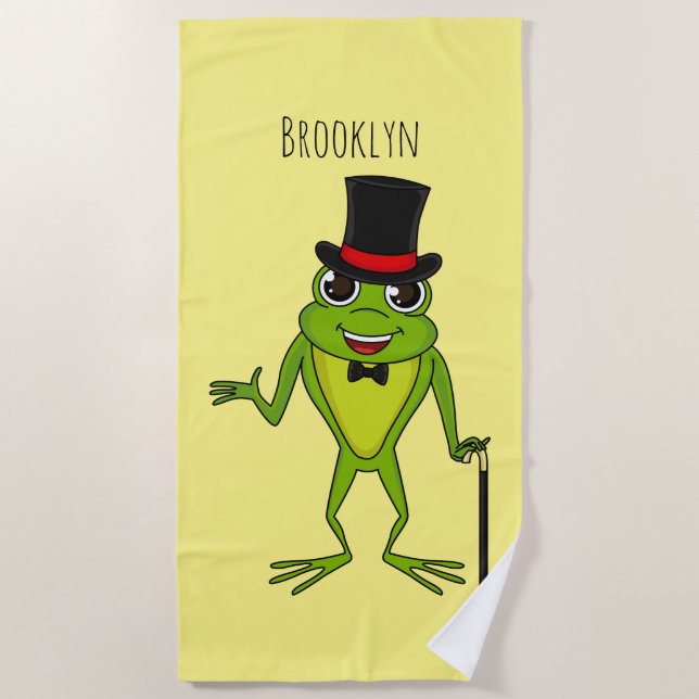 Funny frog with top hat cartoon beach towel (Front)