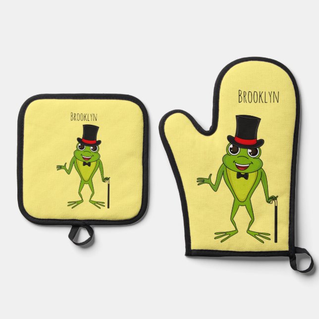 Funny frog with top hat cartoon oven mitt & pot holder set (Front)