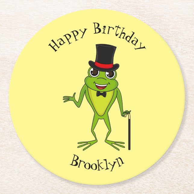 Funny frog with top hat cartoon round paper coaster (Front)
