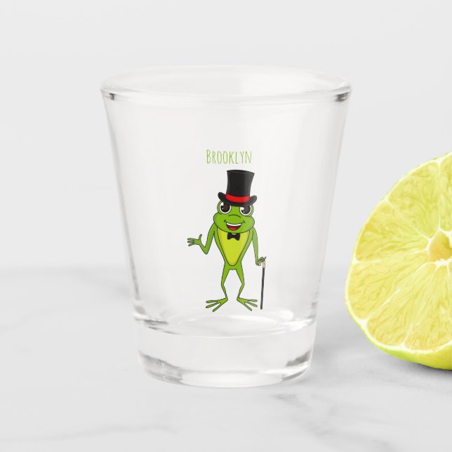 Funny frog with top hat cartoon shot glass (Front)