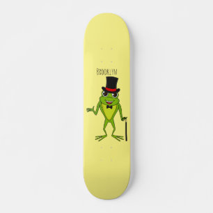 Funny frog with top hat cartoon skateboard