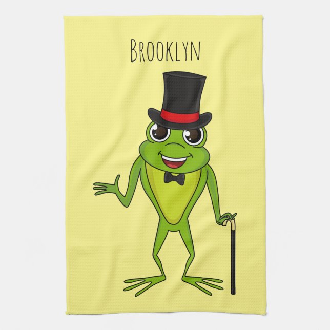 Funny frog with top hat cartoon tea towel (Vertical)