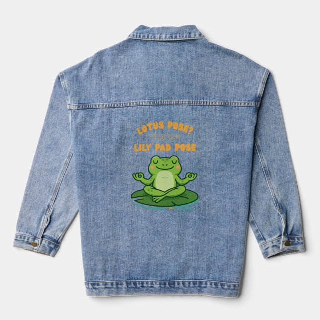 Funny Frog Yoga Cartoon Lotus Lily Pad Pose Design Denim Jacket (Back)