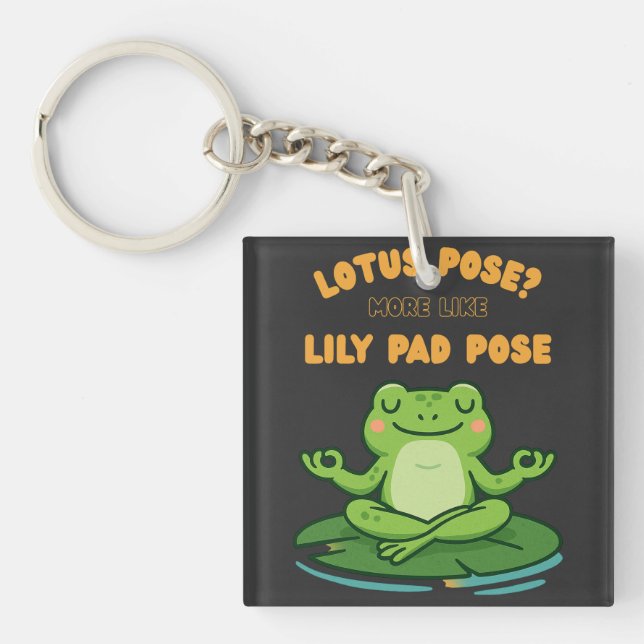 Funny Frog Yoga Cartoon Lotus Lily Pad Pose Design Key Ring (Front)