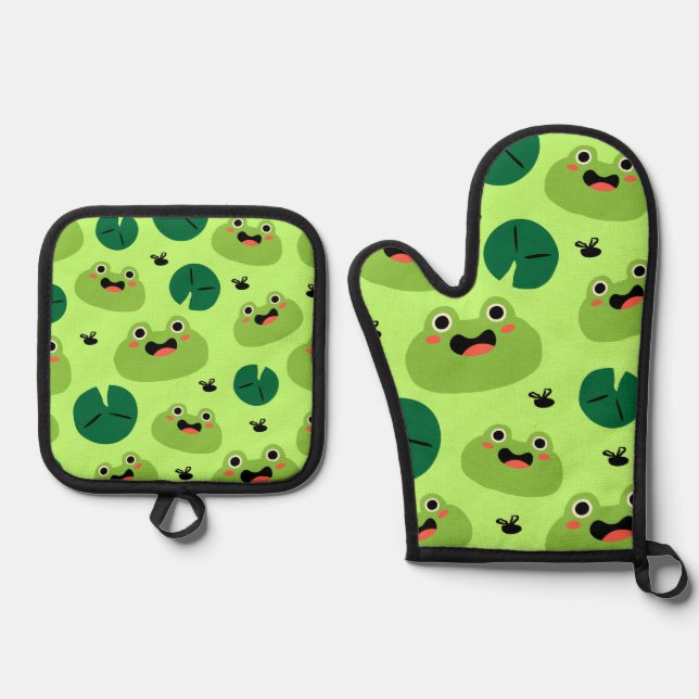 Funny frogs oven mitt & pot holder set (Front)
