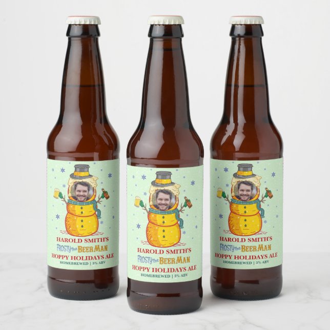 Funny Frosty Beer Man Humour Custom Photo Christma Beer Bottle Label (Bottles)