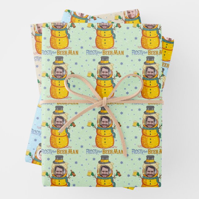 Funny Frosty Beer Man Humour Custom Photo Christma Wrapping Paper Sheet (In situ)