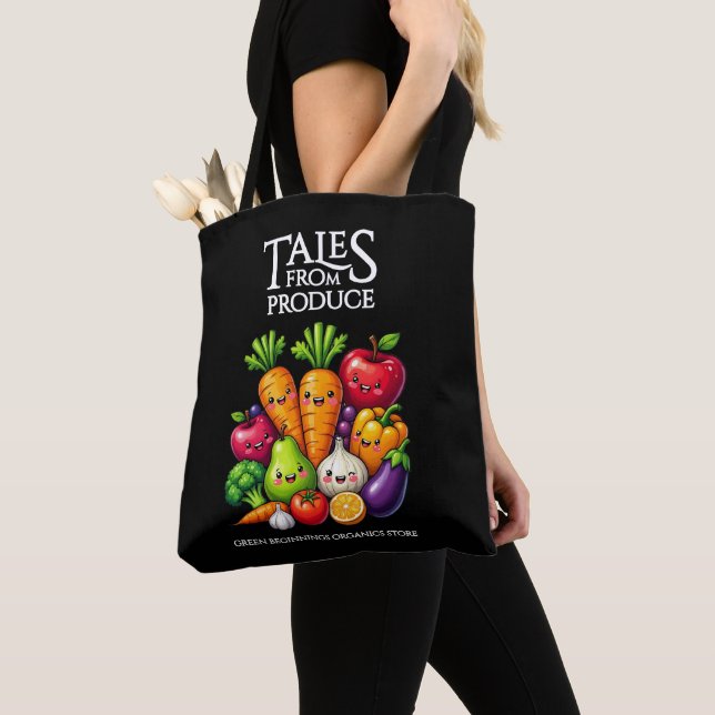 Funny Fruits Veggies Tales from Produce Grocery Tote Bag (Close Up)